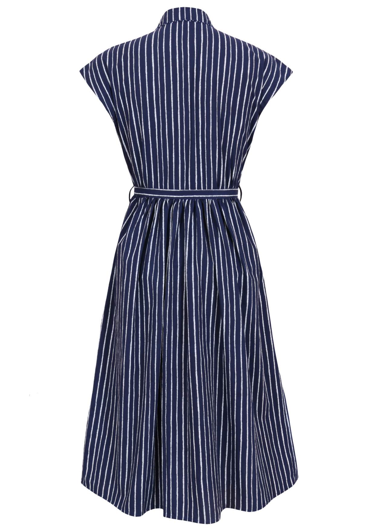 Back view of navy blue based print cotton cap sleeves dress.