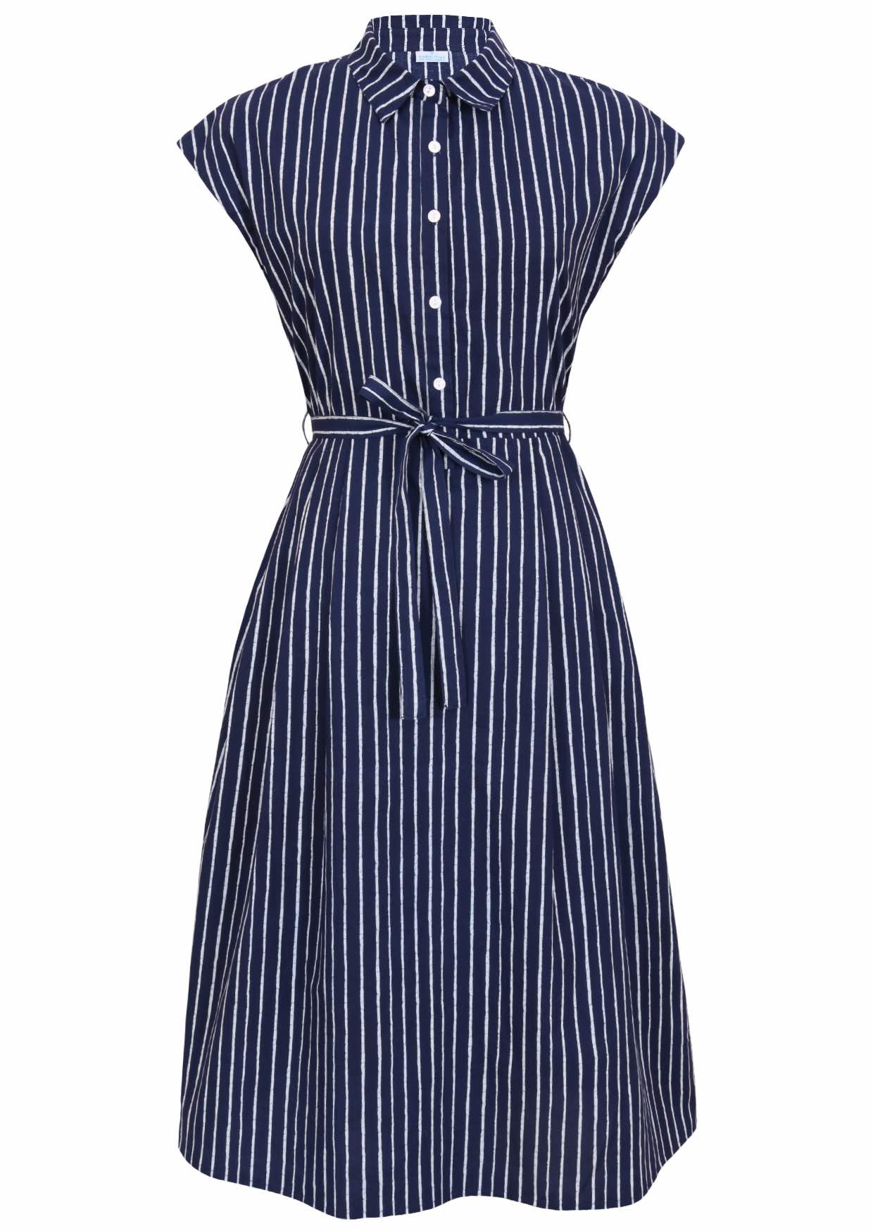 Navy blue based print cotton dress with removable waist tie.