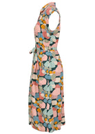 Pink, green, blue and mustard spotty print buttoned bodice dress with hidden side pockets and waist tie