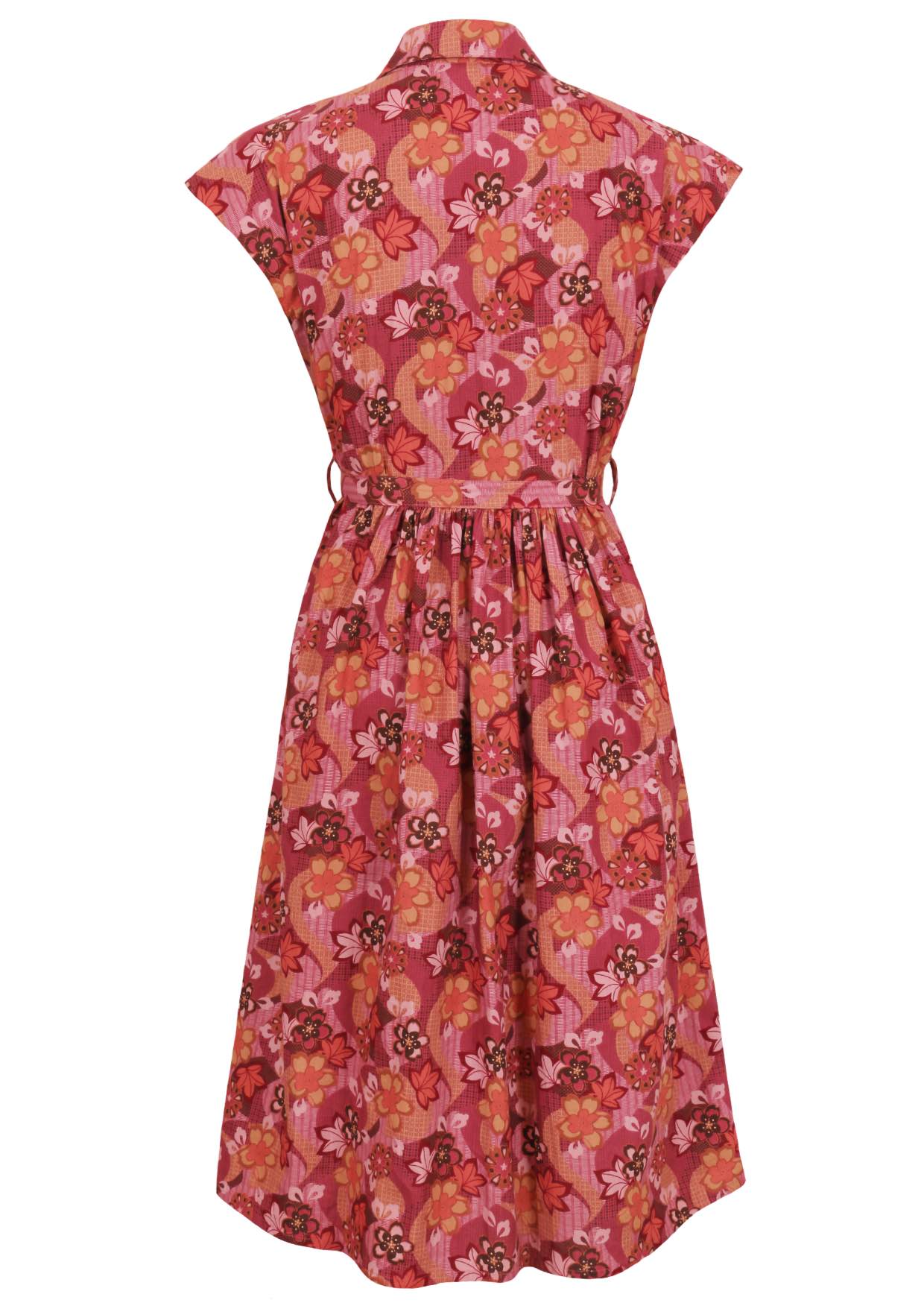 Cap sleeves cotton dress with Japanese-style print in pink, maroon, brown, peach, and khaki tones.
