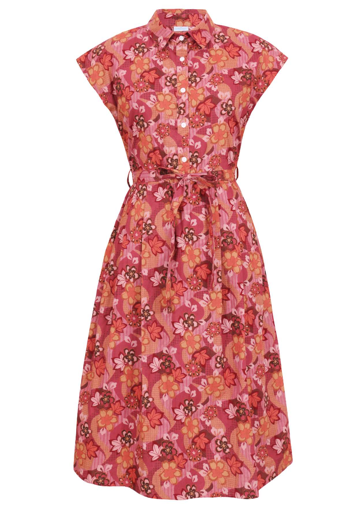 Collar neck cotton dress with Japanese-style print in pink, maroon, brown, peach, and khaki tones.