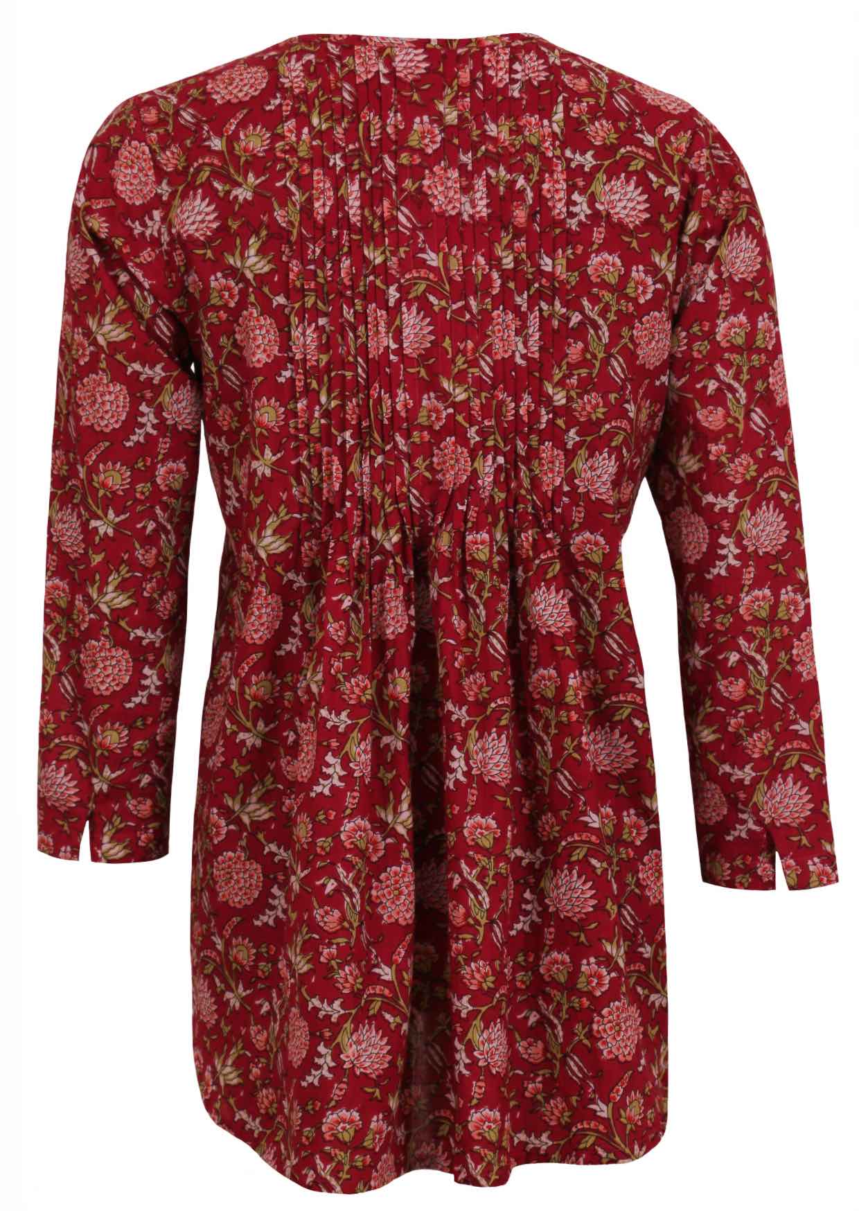 Long sleeve cotton floral top with pin tucks in centre back that lead to flare at the base