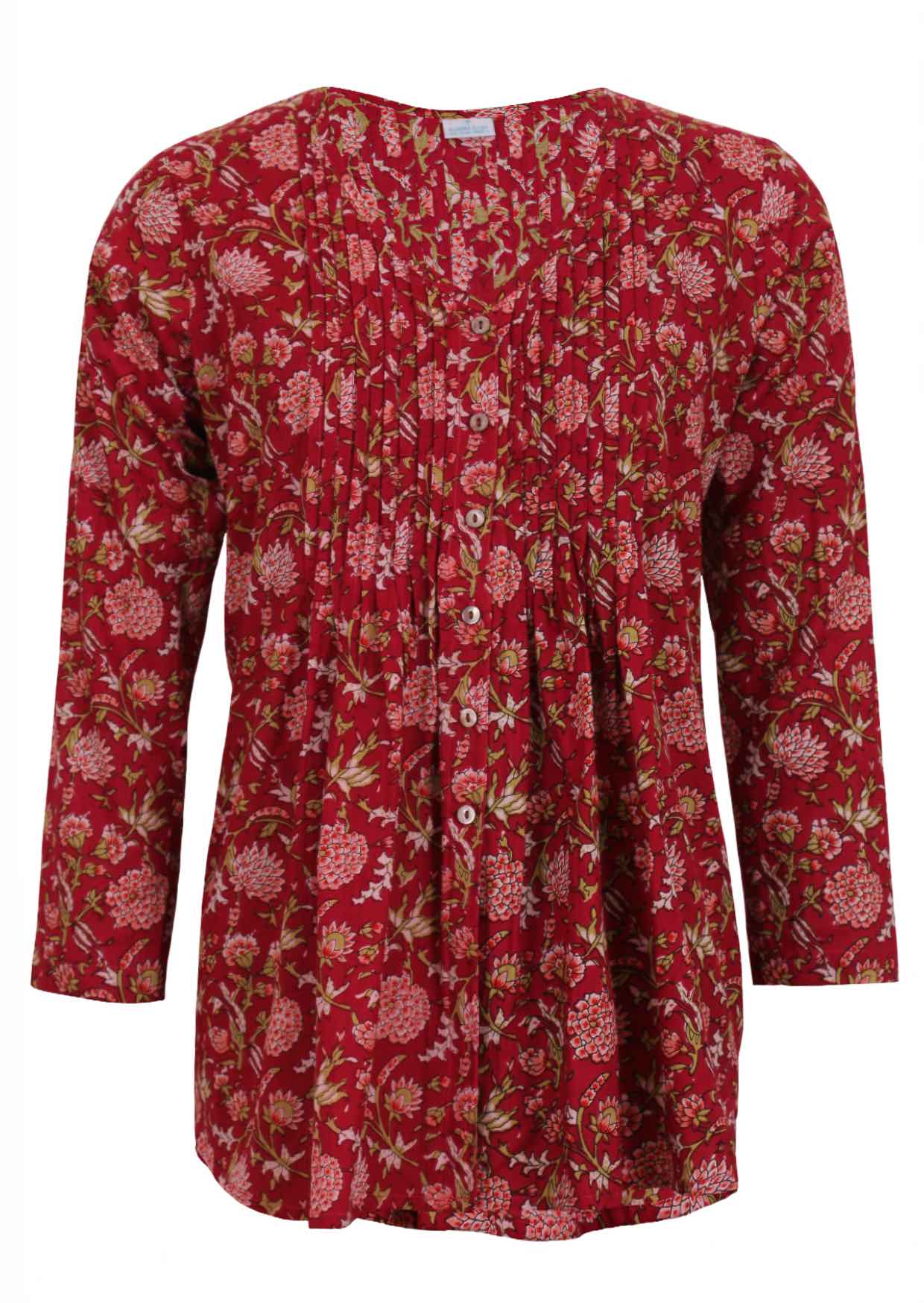 Cotton long sleeve button through top with small pin tucks across chest in floral print with cranberry base