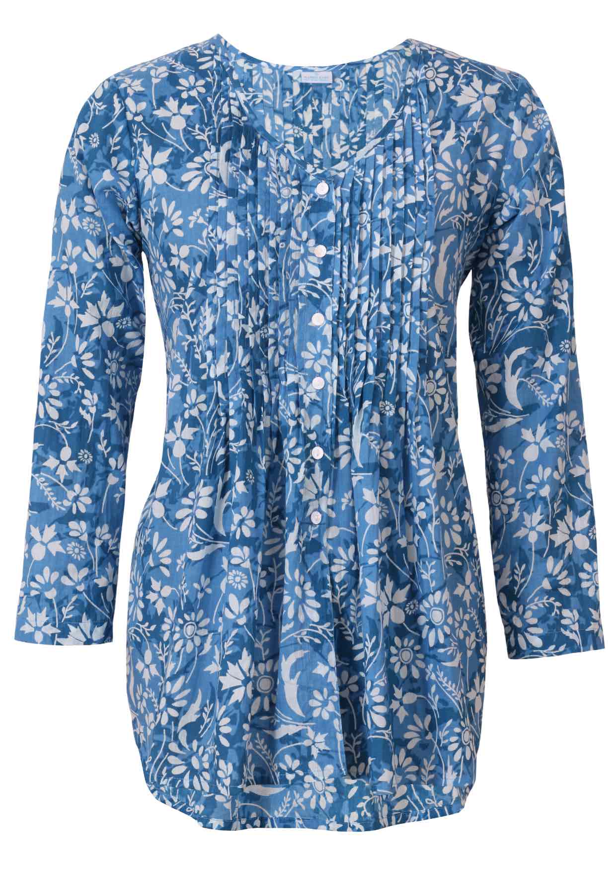 Blue floral button through shirt with a V-neckline, long sleeves and pin tucks accross the bodice