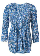 Blue floral button through shirt with a V-neckline, long sleeves and pin tucks accross the bodice