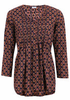 Cotton long sleeve button through top with small pin tucks across chest and V neckline.