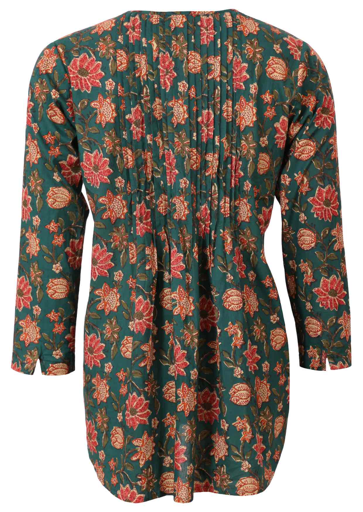 Green based floral print cotton button through shirt with long sleeves, and pin tucks across the bodice, front and back