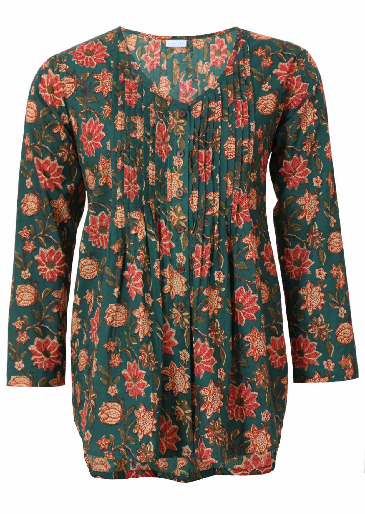Green based floral print cotton button through shirt with pin tucks across the bodice and a V-neckline