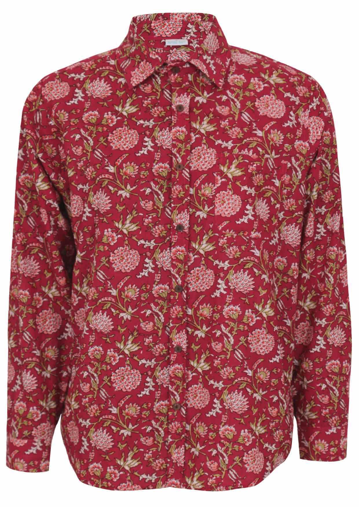 Long sleeve button through floral print shirt with coconut buttons, one breast pocket and collar