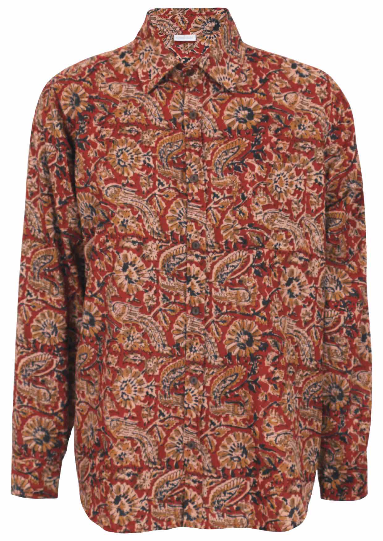 Cotton long sleeve collared shirt with coconut buttons and one breast pocket in Indian floral print on a rust base