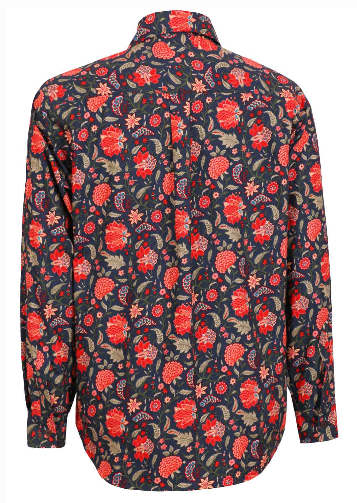 Long sleeve men's shirt with red flowers and green leaves on a blue base, with box pleat in the centre back