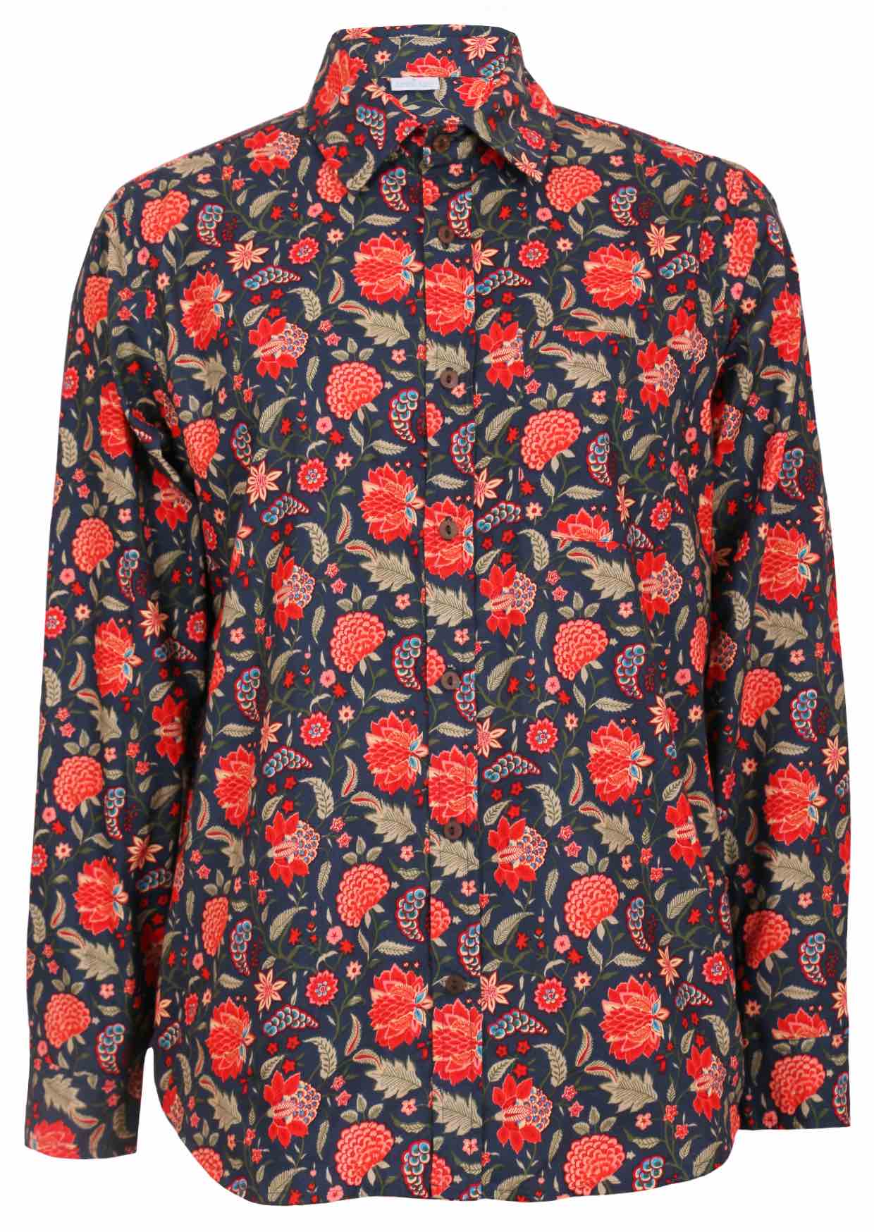 Floral patterned long sleeve men's shirt with red flowers and green leaves on a blue background