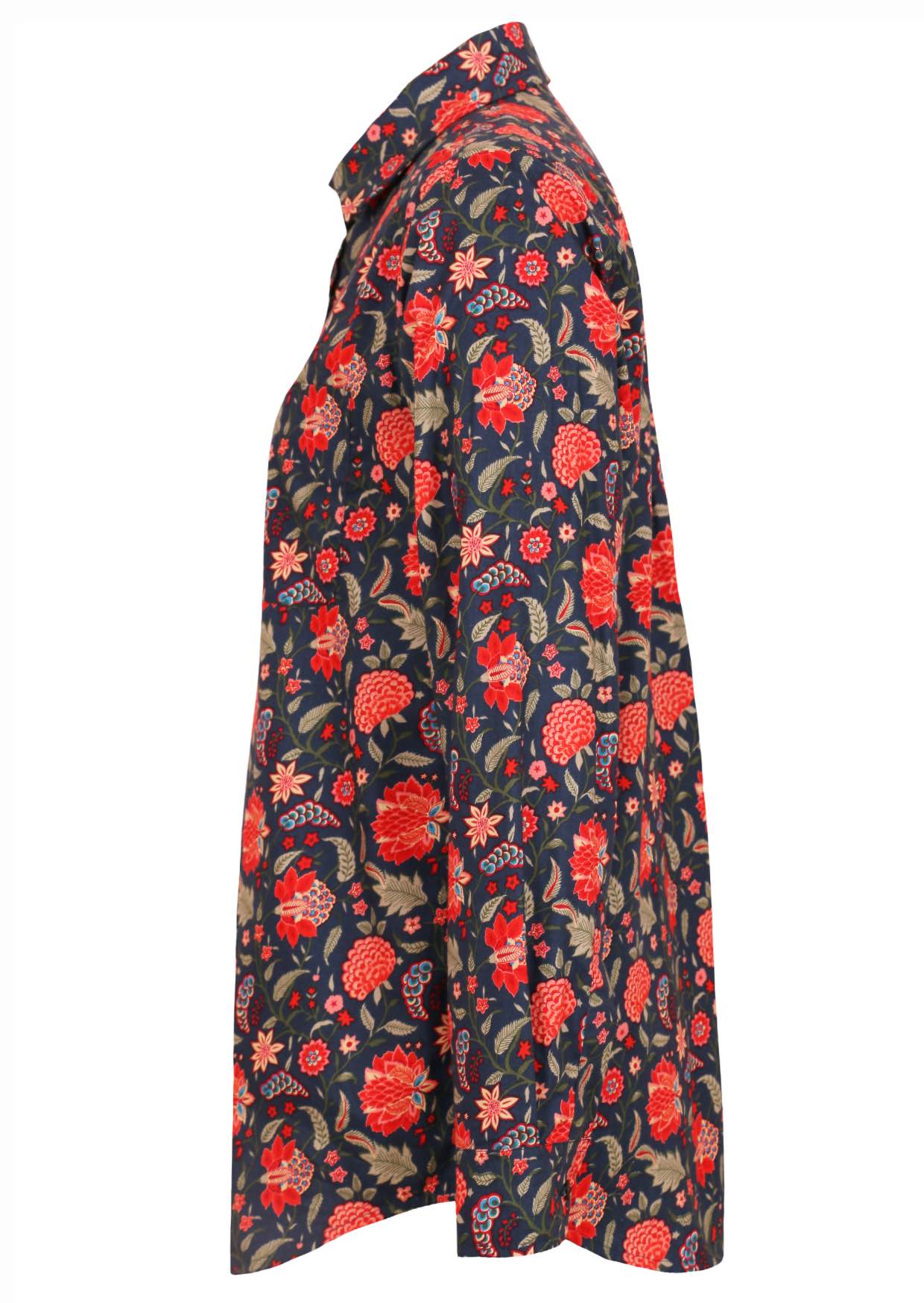 Long sleeve collared men's shirt with red flowers and green leaves on a blue background