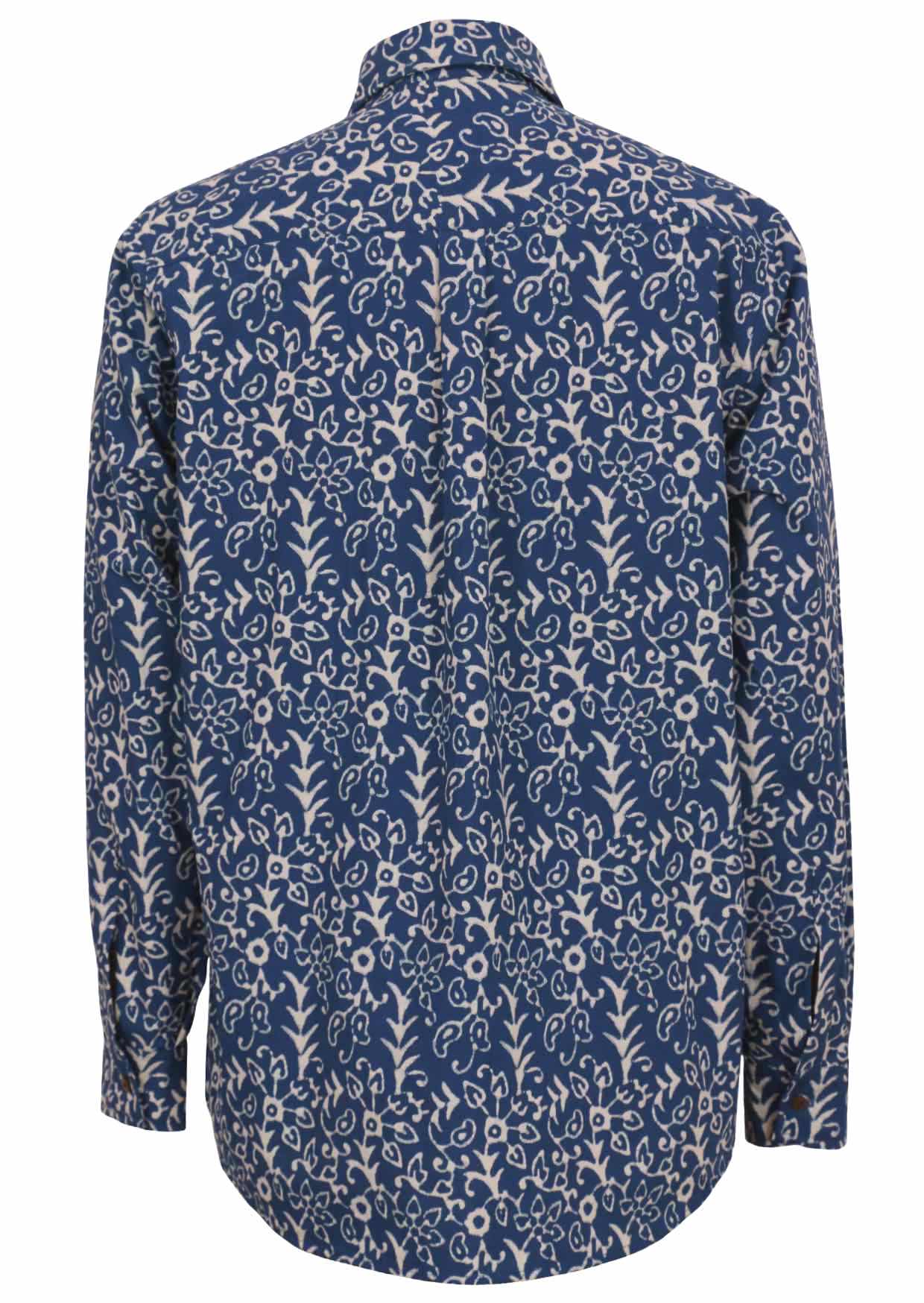 Cotton blue based print long sleeve shirt with collar and coconut buttons securing the cuffs