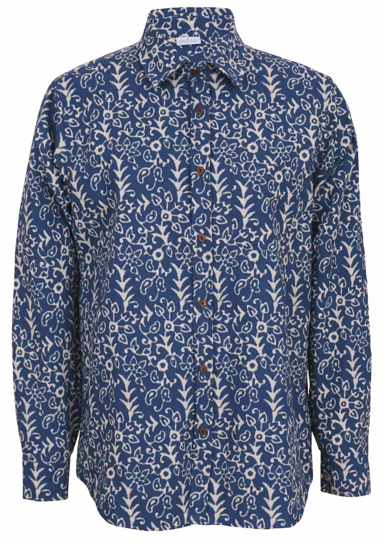 Cotton button through long sleeve shirt wth one breast pocket, collar and coconut buttons