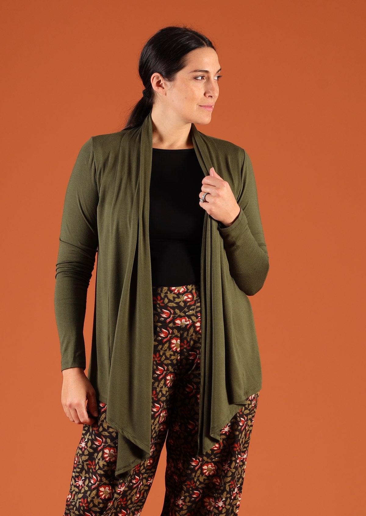 Olive green women's long sleeve cardigan