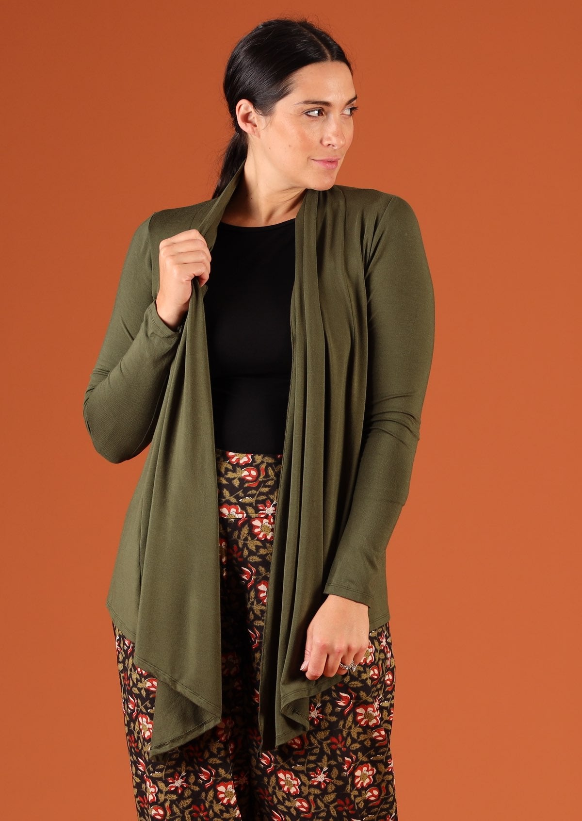 Long Sleeve Stretch Cardi long sleeve longer at front handkerchief hem soft stretch rayon olive | Karma East Australia