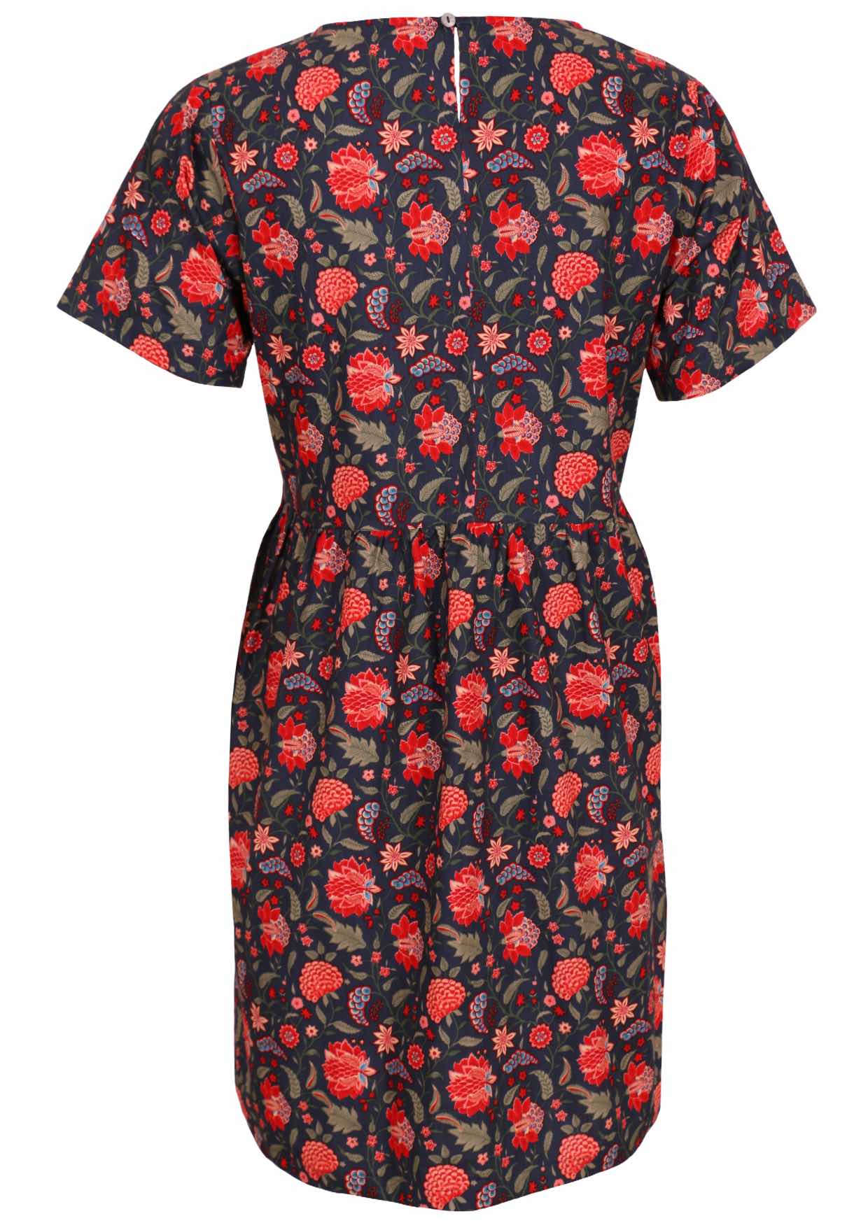 Blue base retro dress with leaf and floral print with button at nape of neck, 100 percent cotton back view
