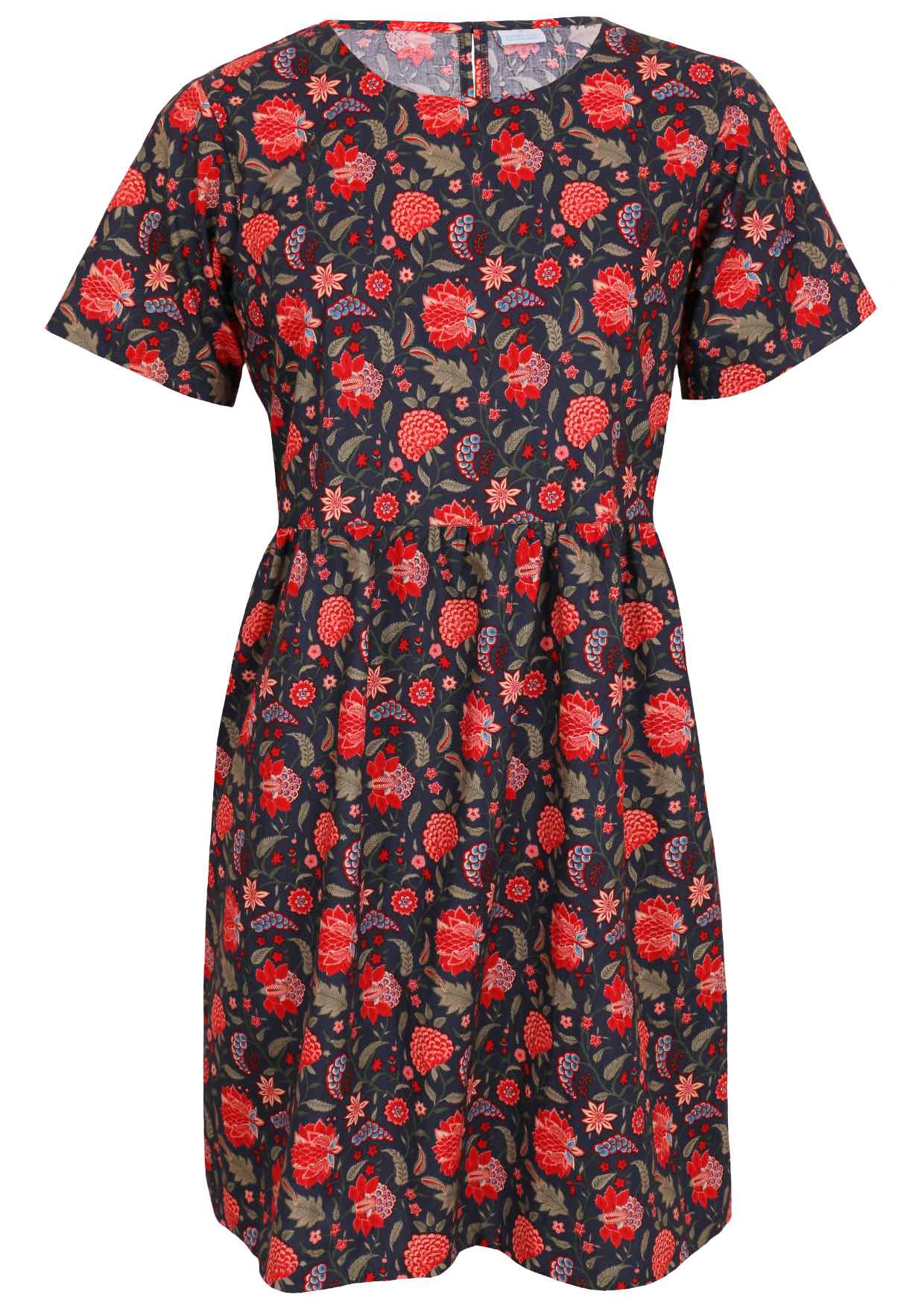 Blue base retro dress with leaf and floral print 100 percent cotton front view