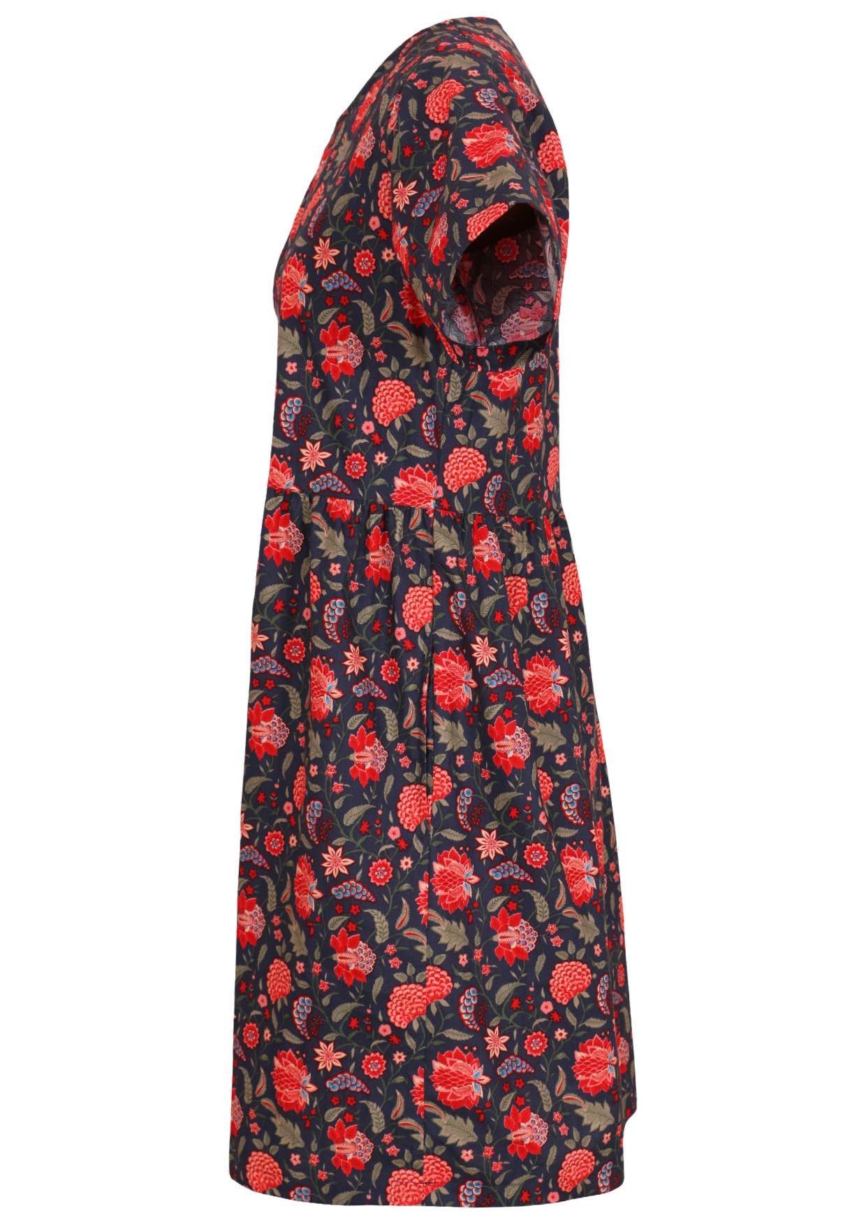 Blue base retro dress with leaf and floral print 100 percent cotton side view