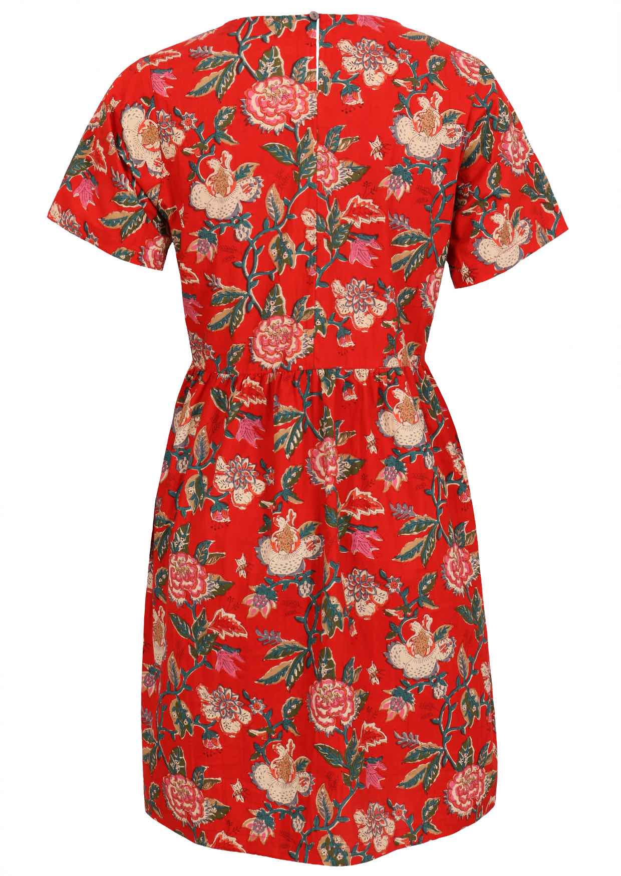 Back view of above knee length cotton dress with short sleeves and button at nape of the neck in red based lovely floral print