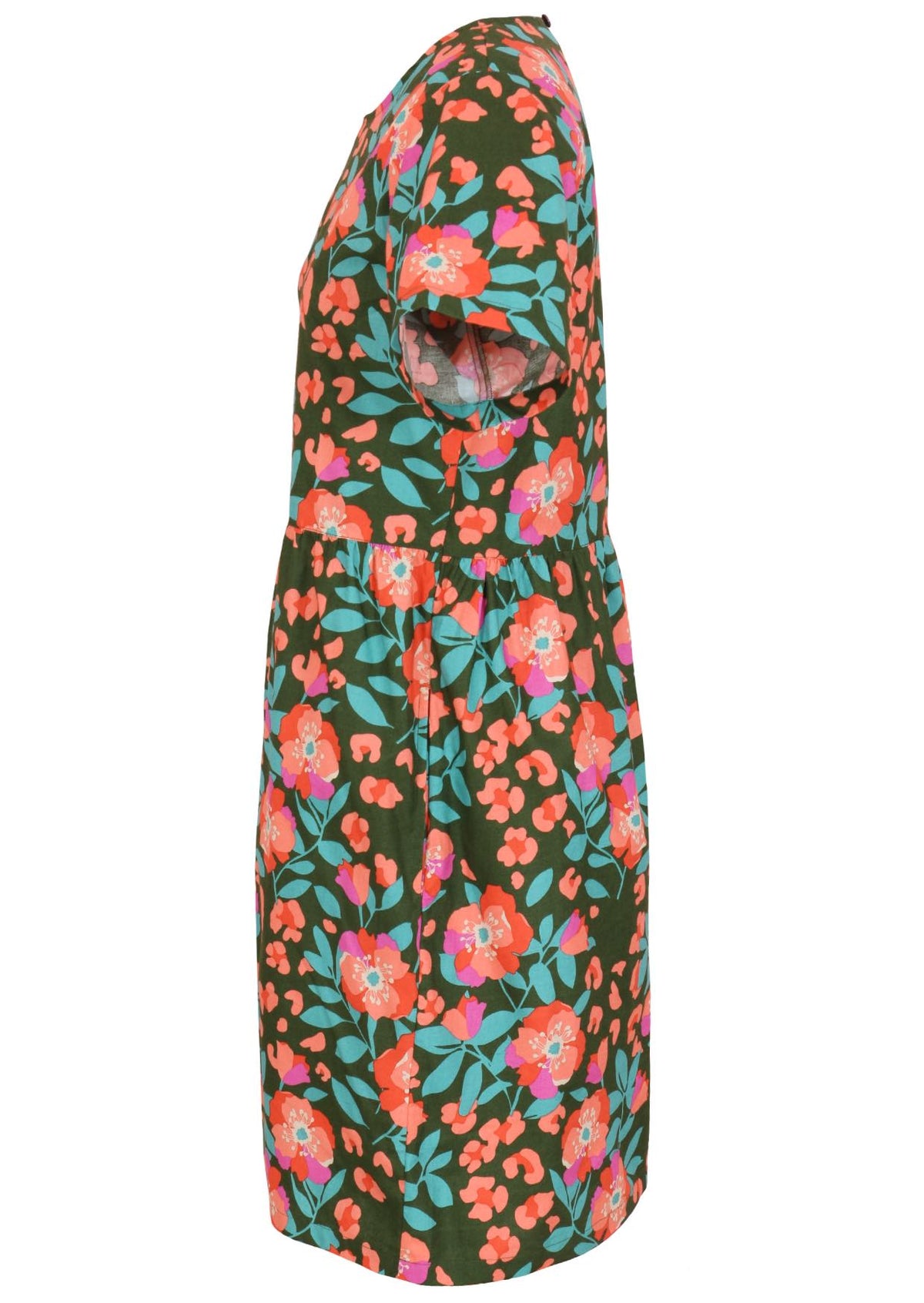 Side view of loose fitting cotton dress in olive green with short sleeves and hidden side pockets