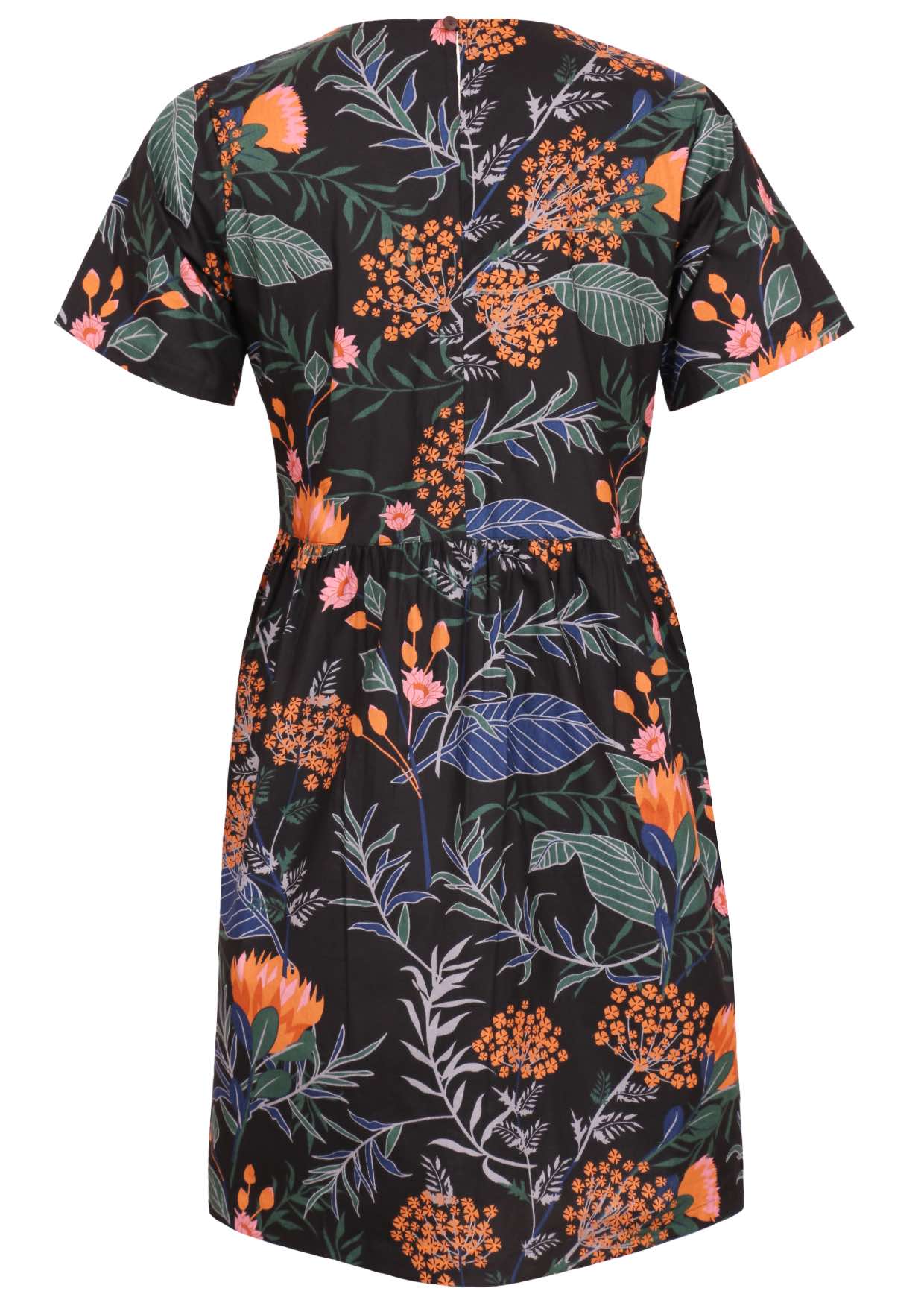 Back view of above knee length cotton dress with short sleeves and button at nape of the neck in black based lovely floral print
