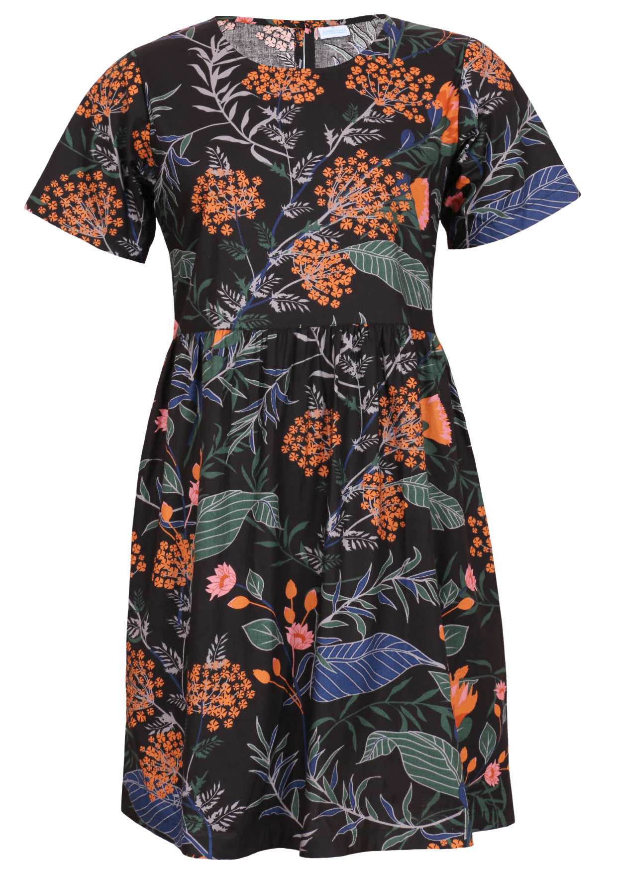 100% cotton above knee length loose fitting dress with short sleeves and high round neckline in black based botanic print