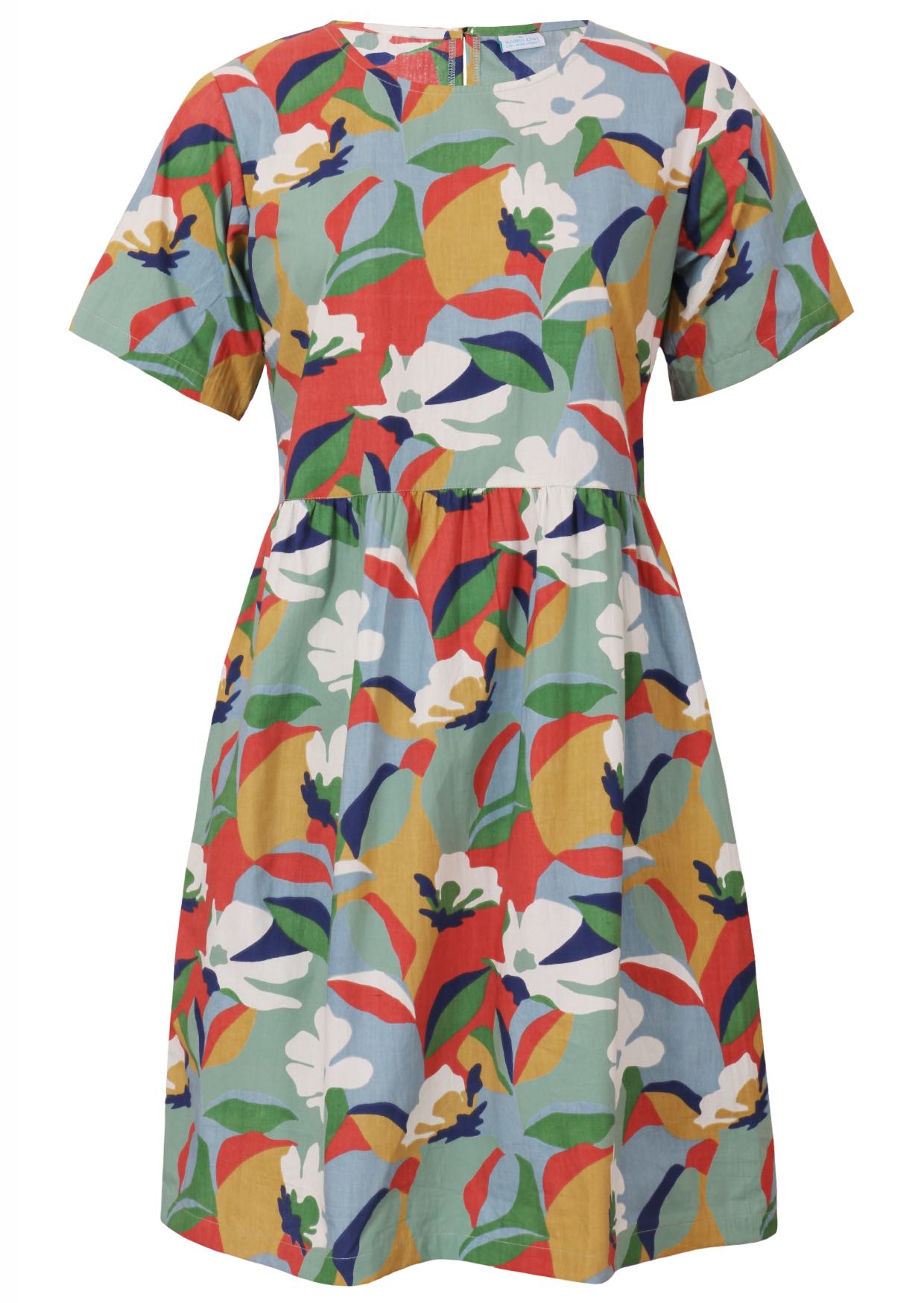100% cotton above knee length loose fitting dress with short sleeves and high round neckline in retro floral print.