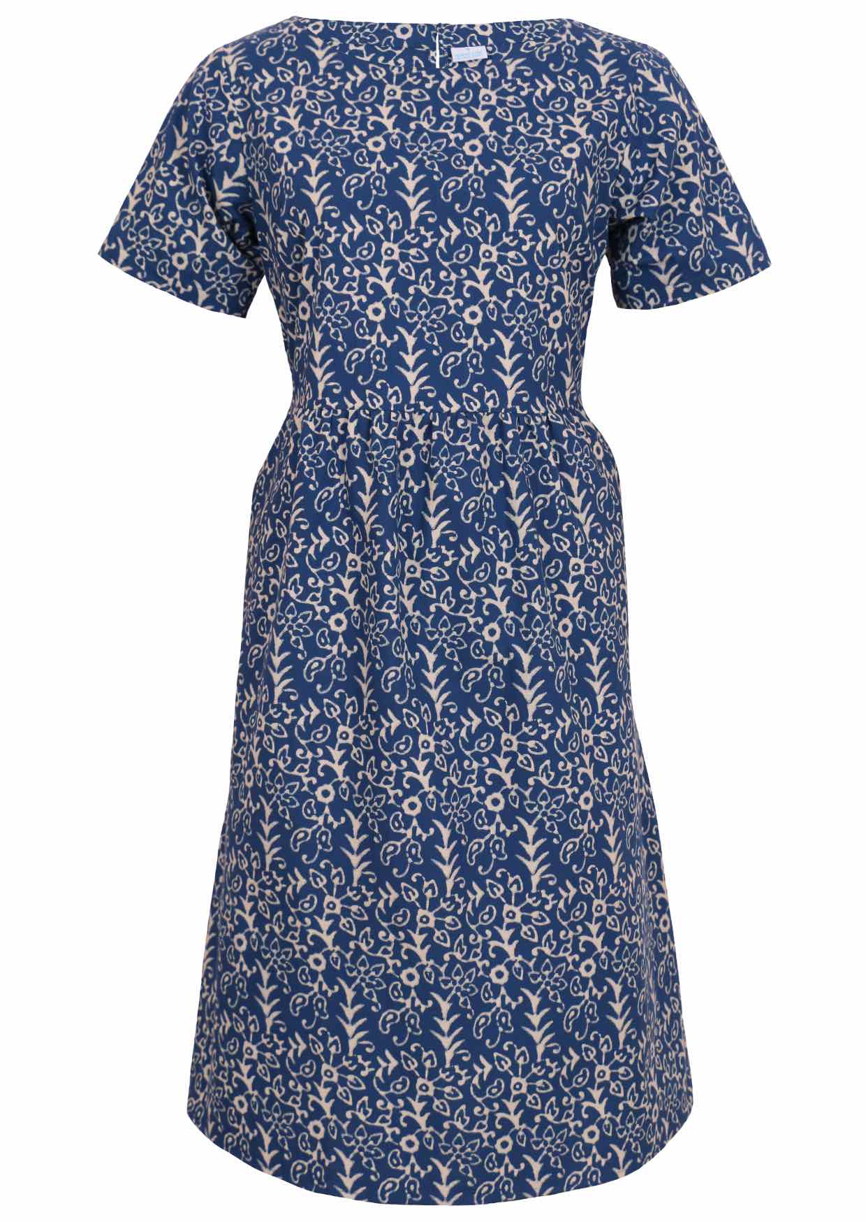 Front mannequin photo of cotton dress with short sleeves, in blue with off white floral print