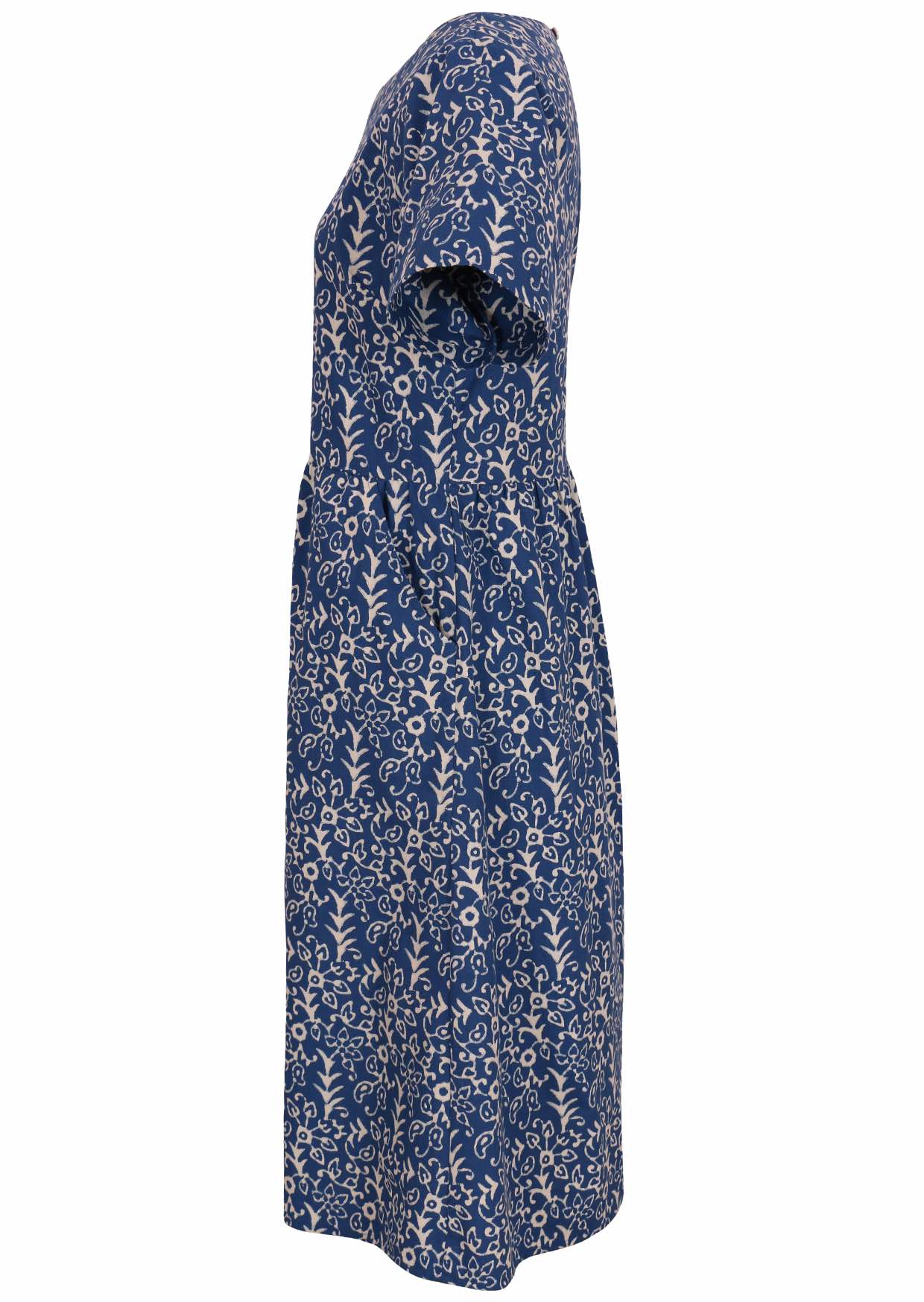 Side mannequin photo of cotton dress with hidden side pockets with blue base and off white floral print