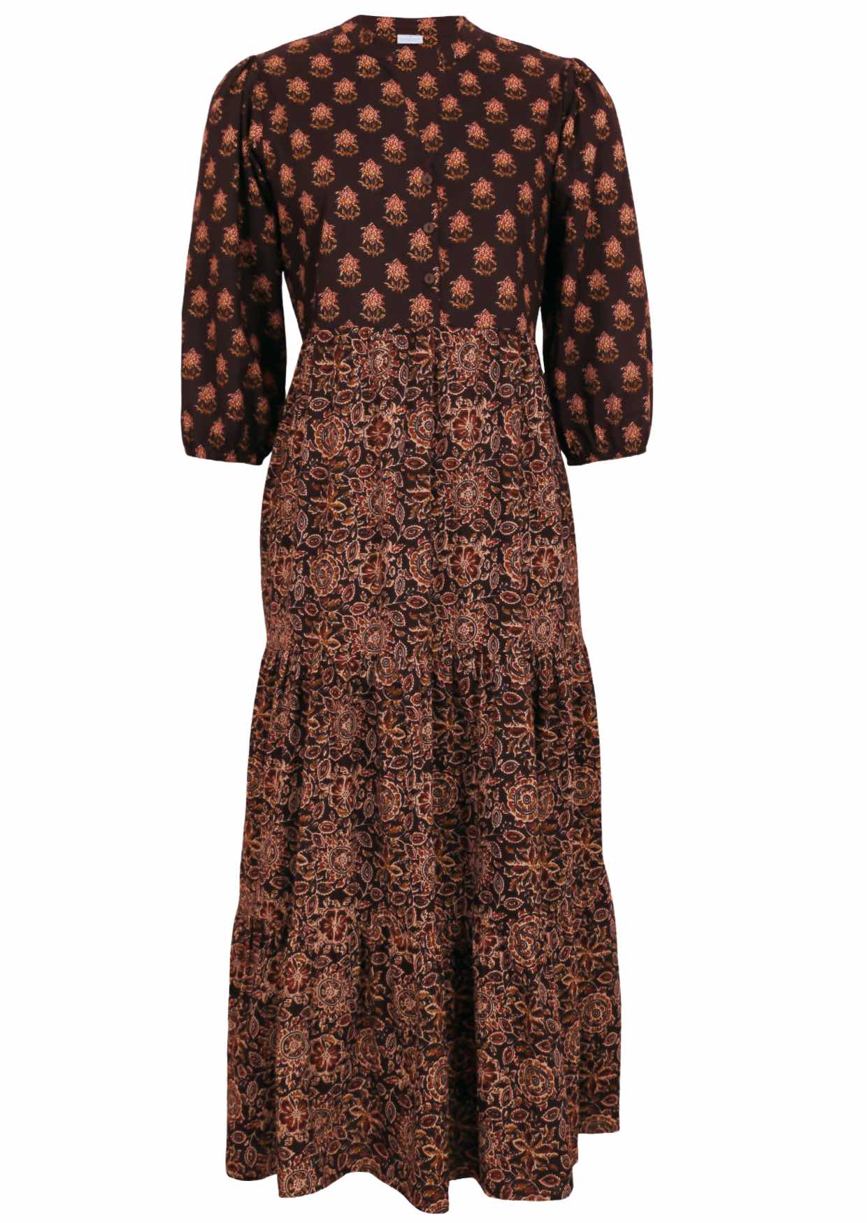 100% cotton maxi dress in dark brown based floral print with 3/4 sleeves and pockets.