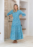 Lightweight 100% cotton, 3 tiered maxi dress in beautiful aqua based white and blue floral print.