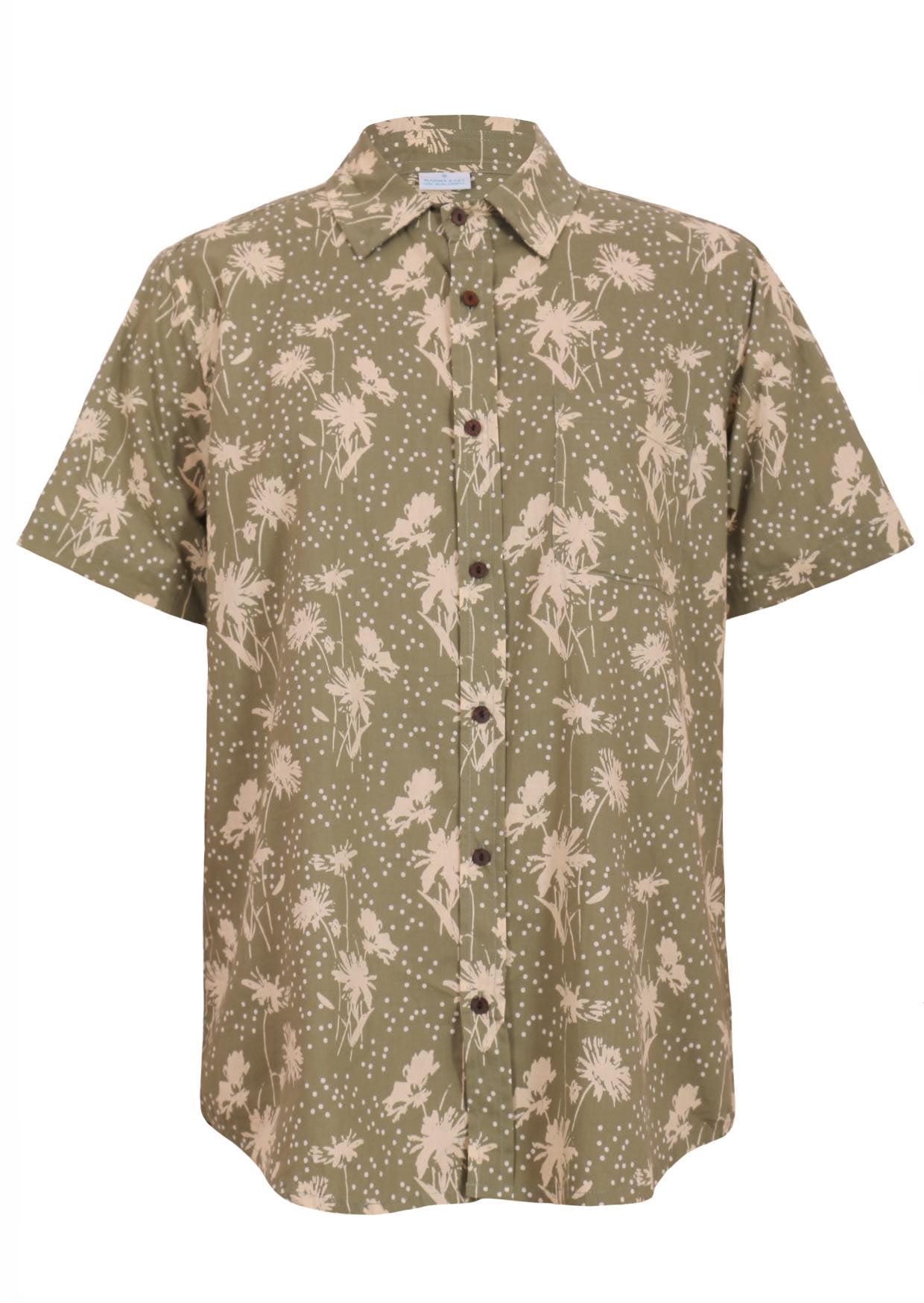 Cotton short sleeve collared shirt with coconut buttons, in a pale green and cream floral print
