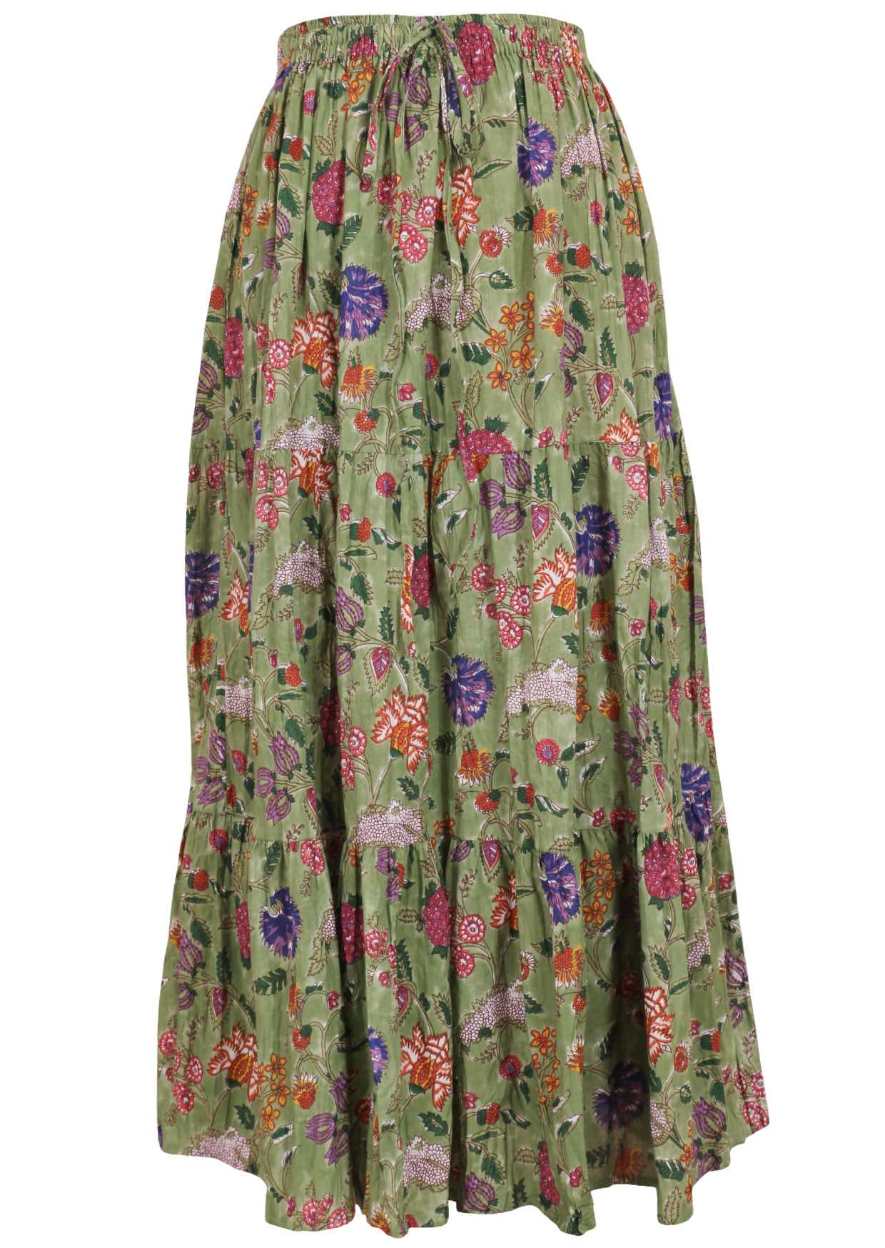 Green based multi-coloured floral print cotton skirt with elasticated waistband.