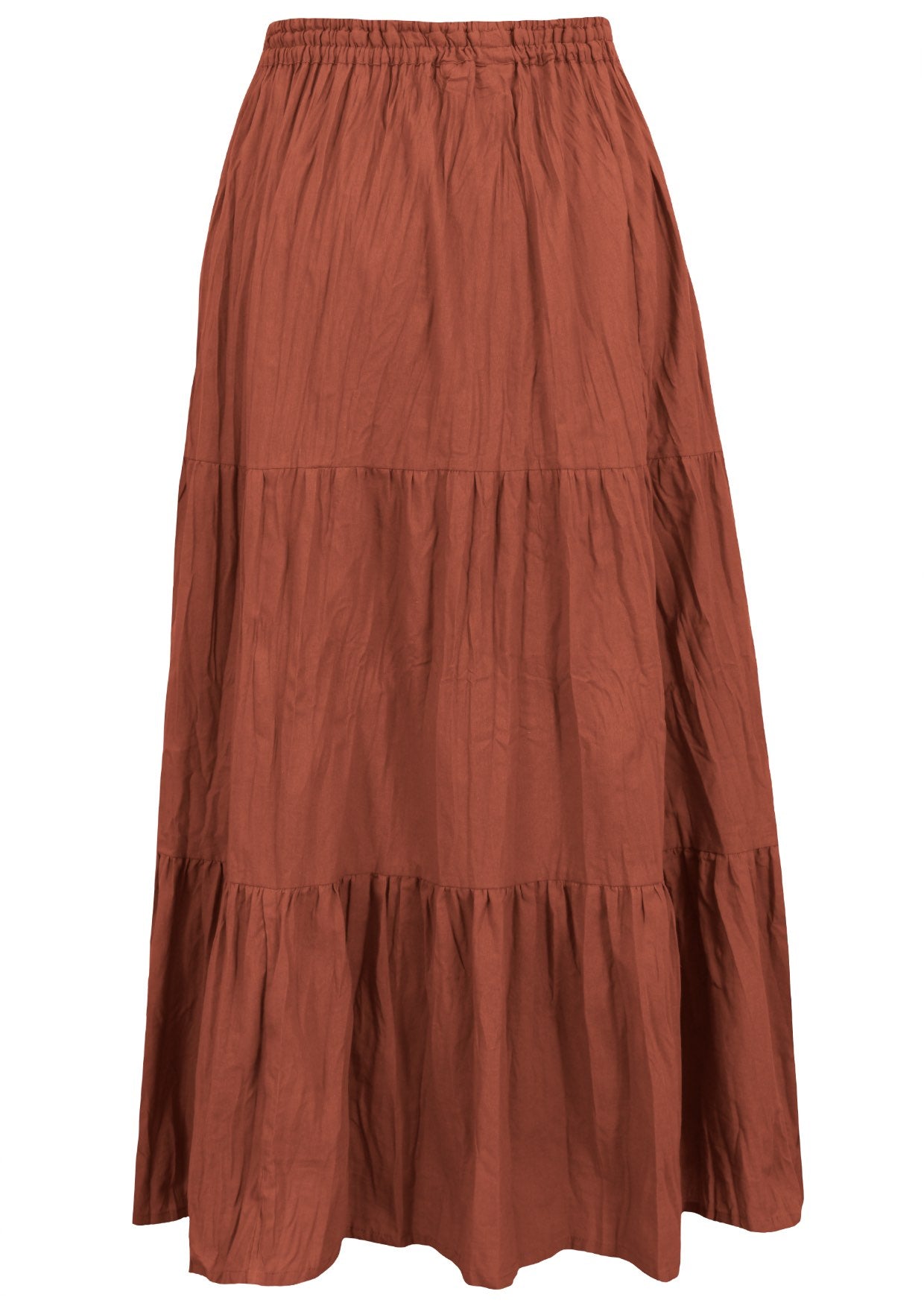 Back view of rust shade 100% cotton skirt with elasticated waistband and drawstring