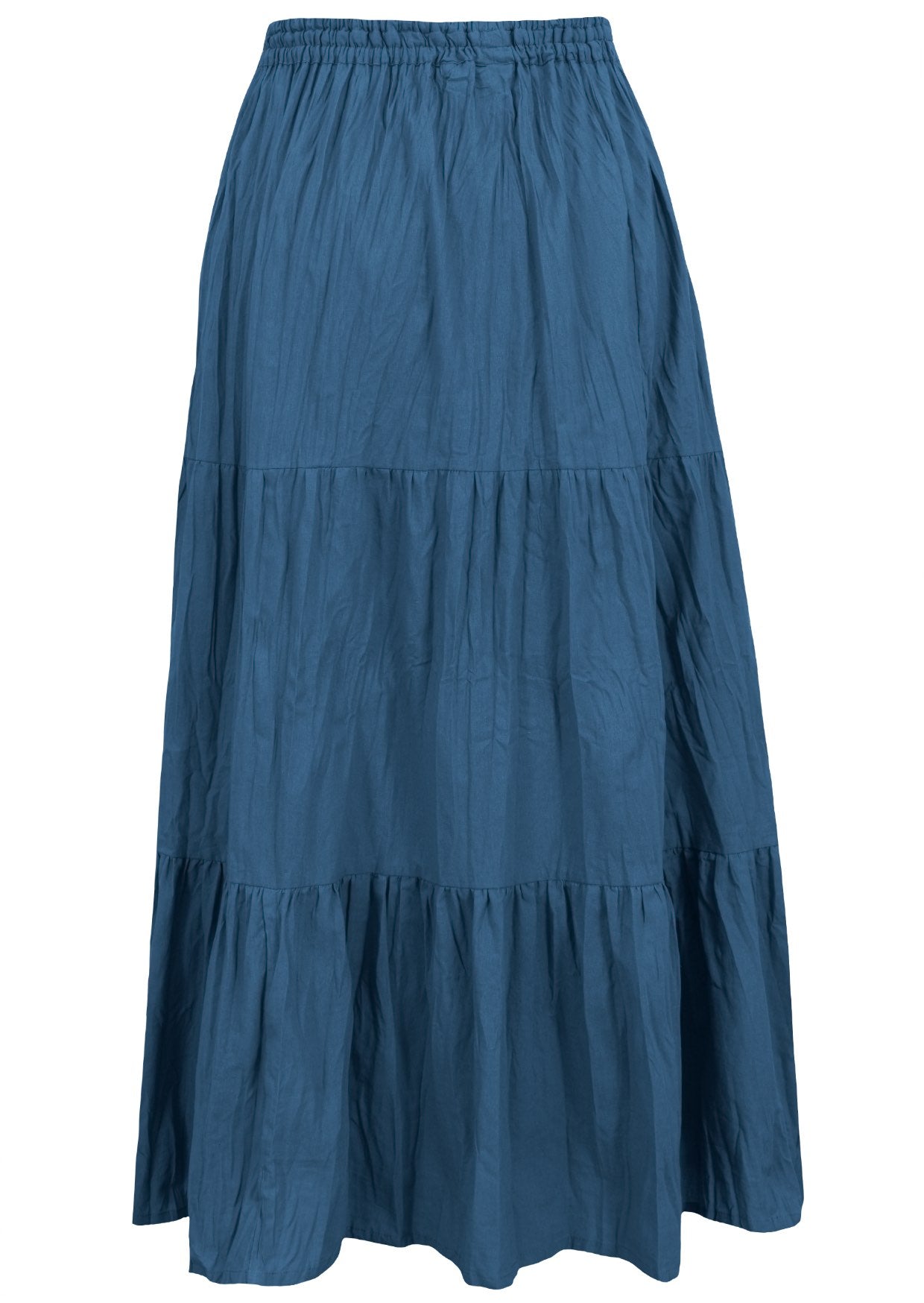 Back view of corsair blue 100% cotton skirt with elasticated waistband and drawstring