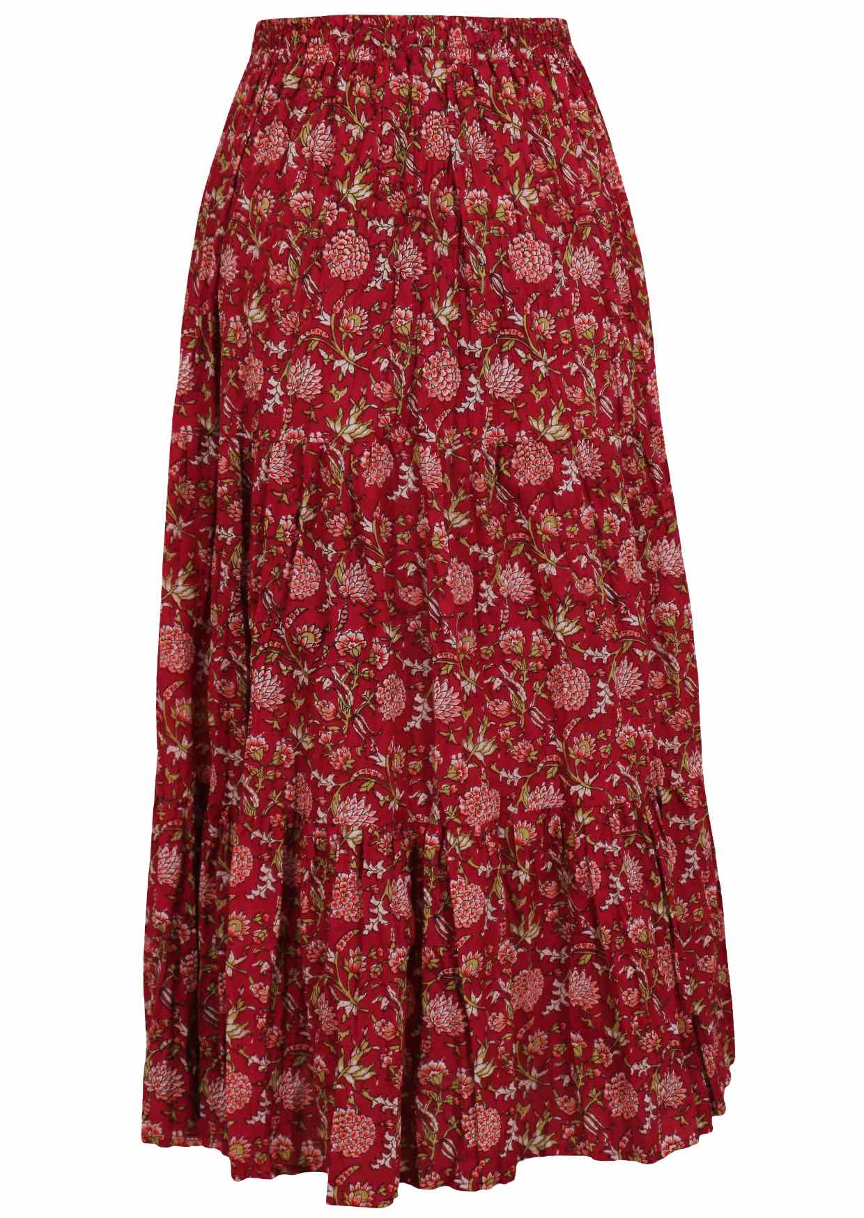 Cotton three tiered maxi skirt in floral print on a bright red base
