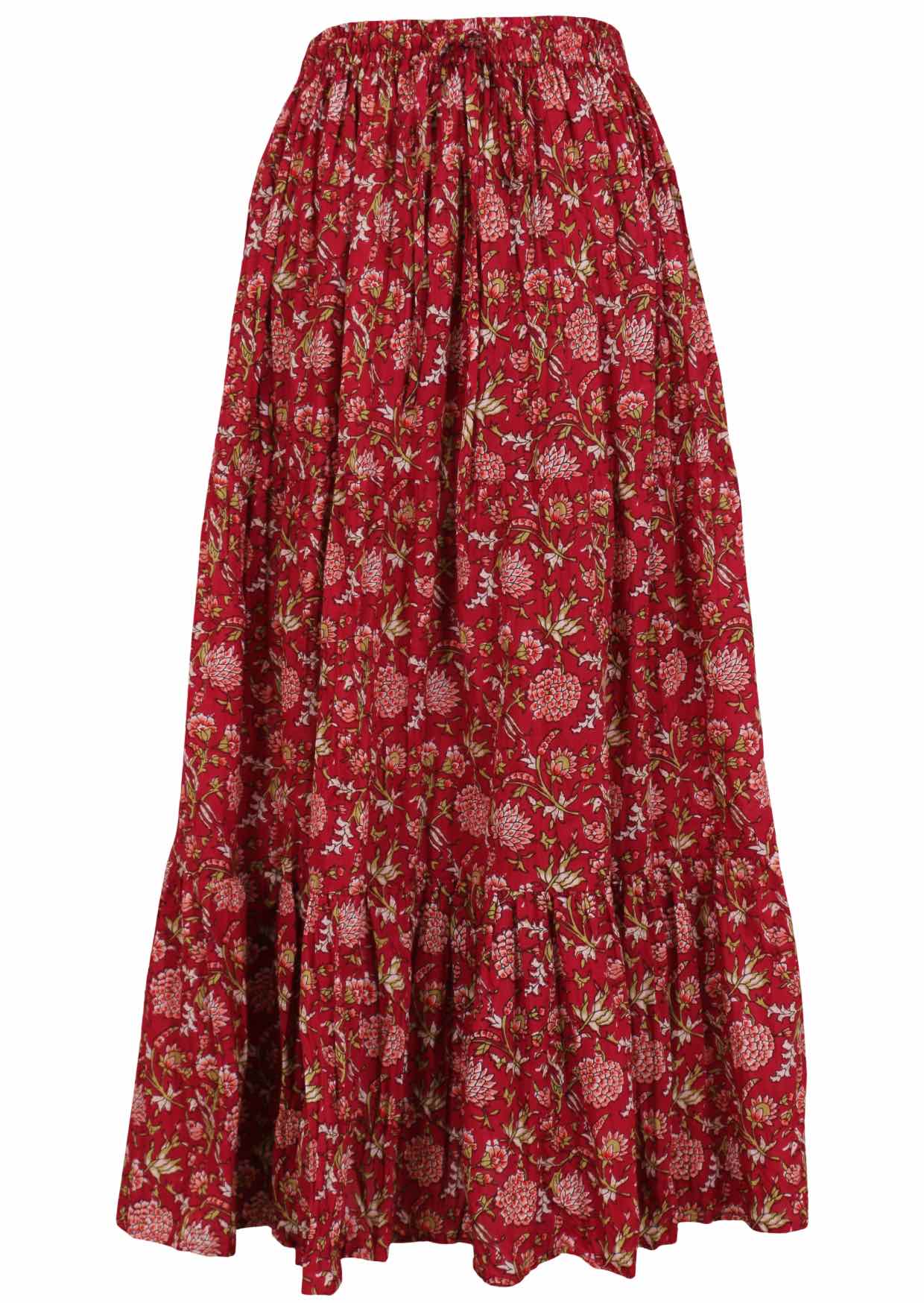 Cotton maxi skirt with three tiers in floral print on a bright red base, with a drawstring