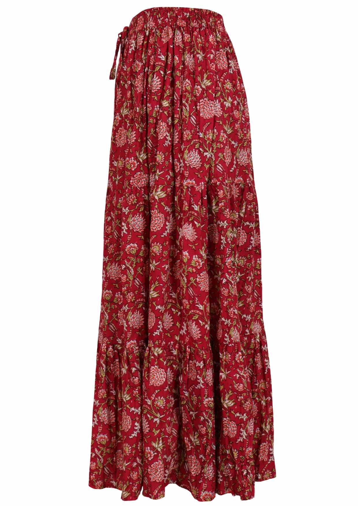 Cotton three tiered maxi skirt in floral print on a bright red base, with a drawstring