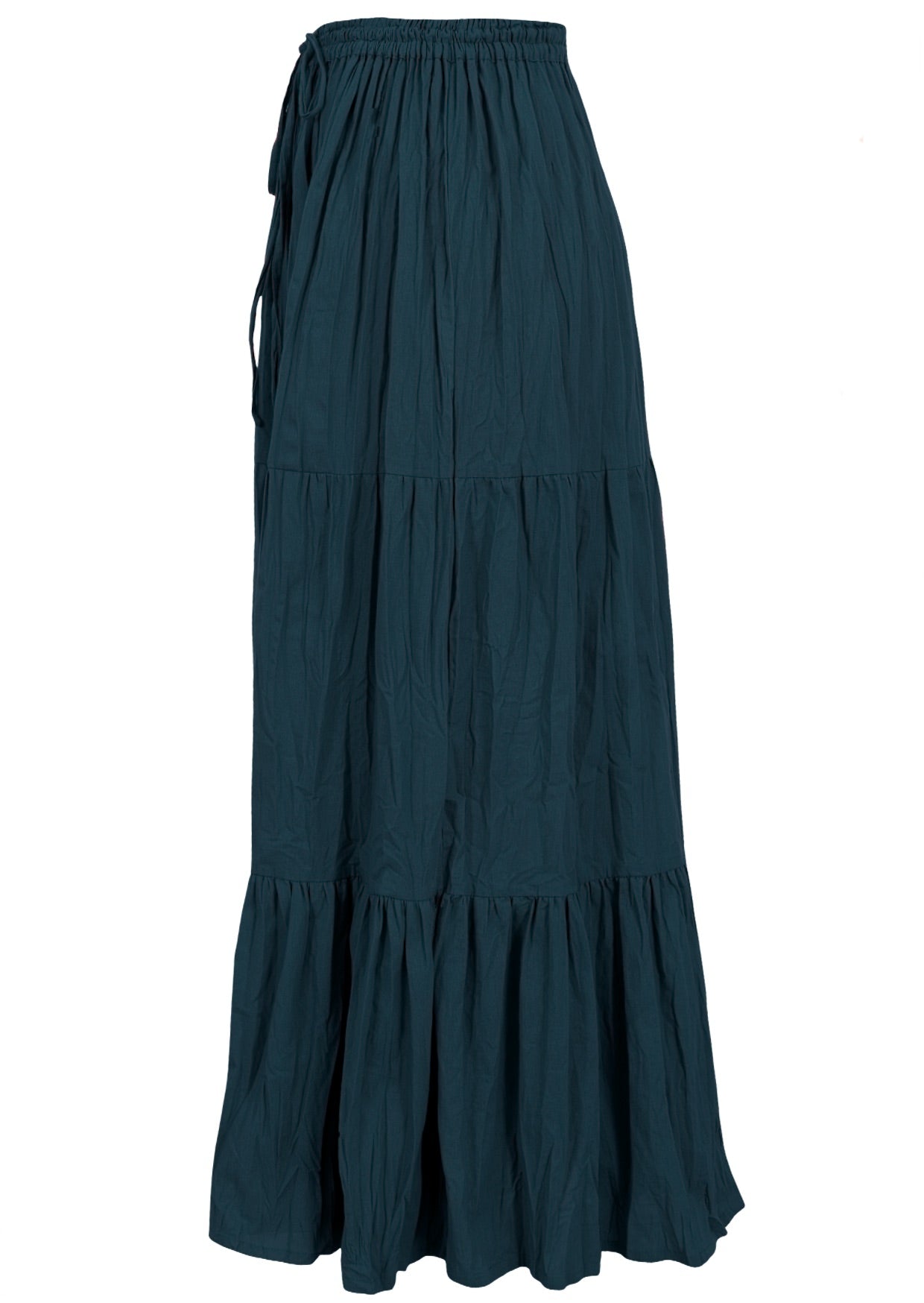 Side view of deep teal 100% cotton skirt with elasticated waistband and drawstring