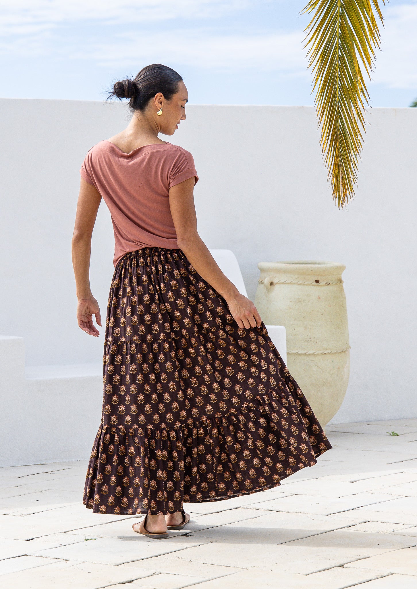100% cotton flowy maxi skirt with elastic waist and drawstring.