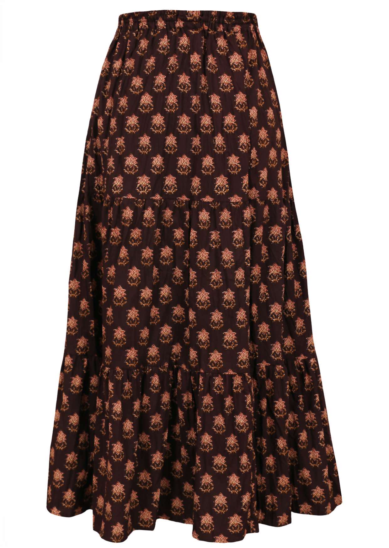 Cotton three tiered maxi skirt in floral print on a dark brown earthy base.