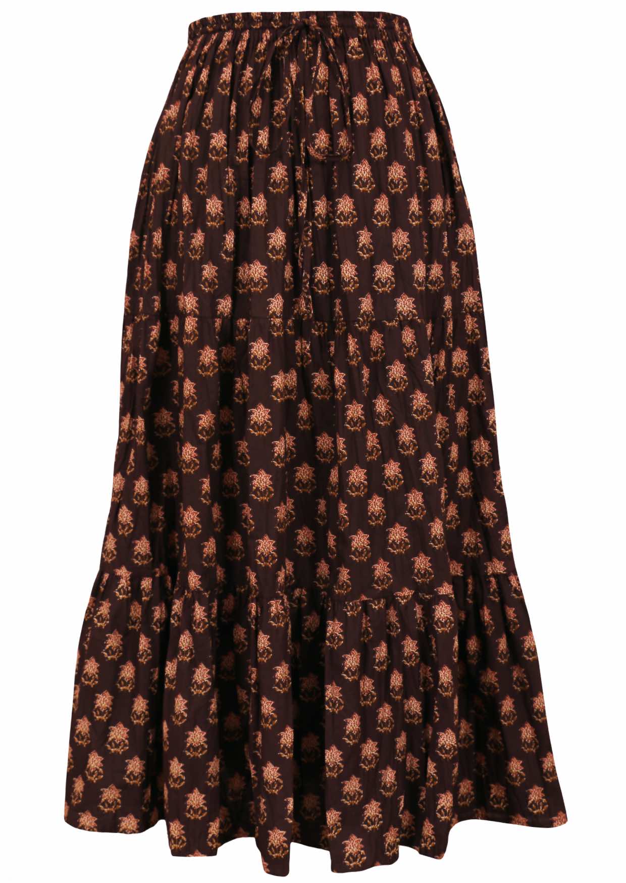 100% Cotton maxi skirt with three tiers and drawstring in floral print on earthy brown base.