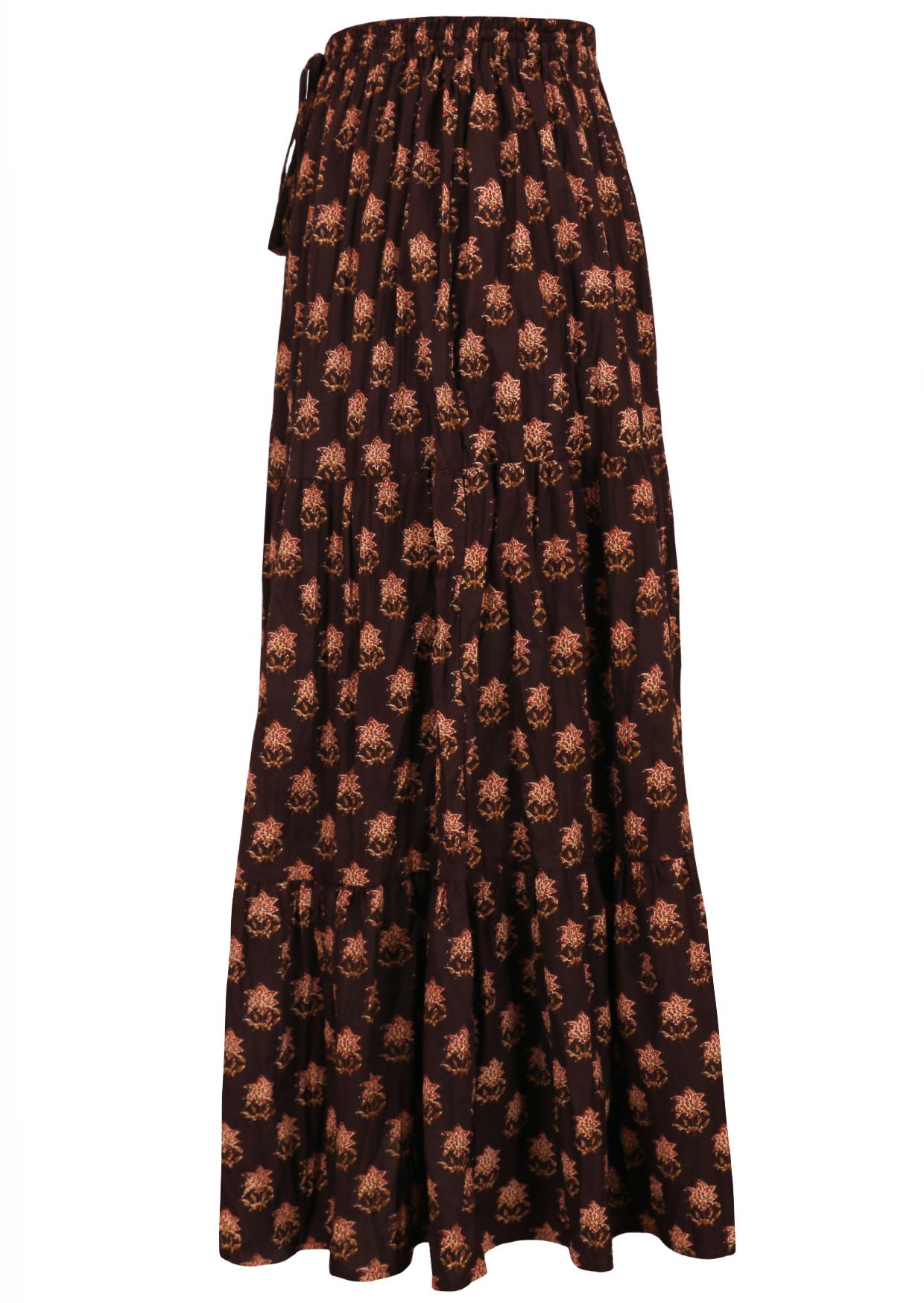 Side image of a floral printed maxi skirt with elasticated waistband and drawstring.