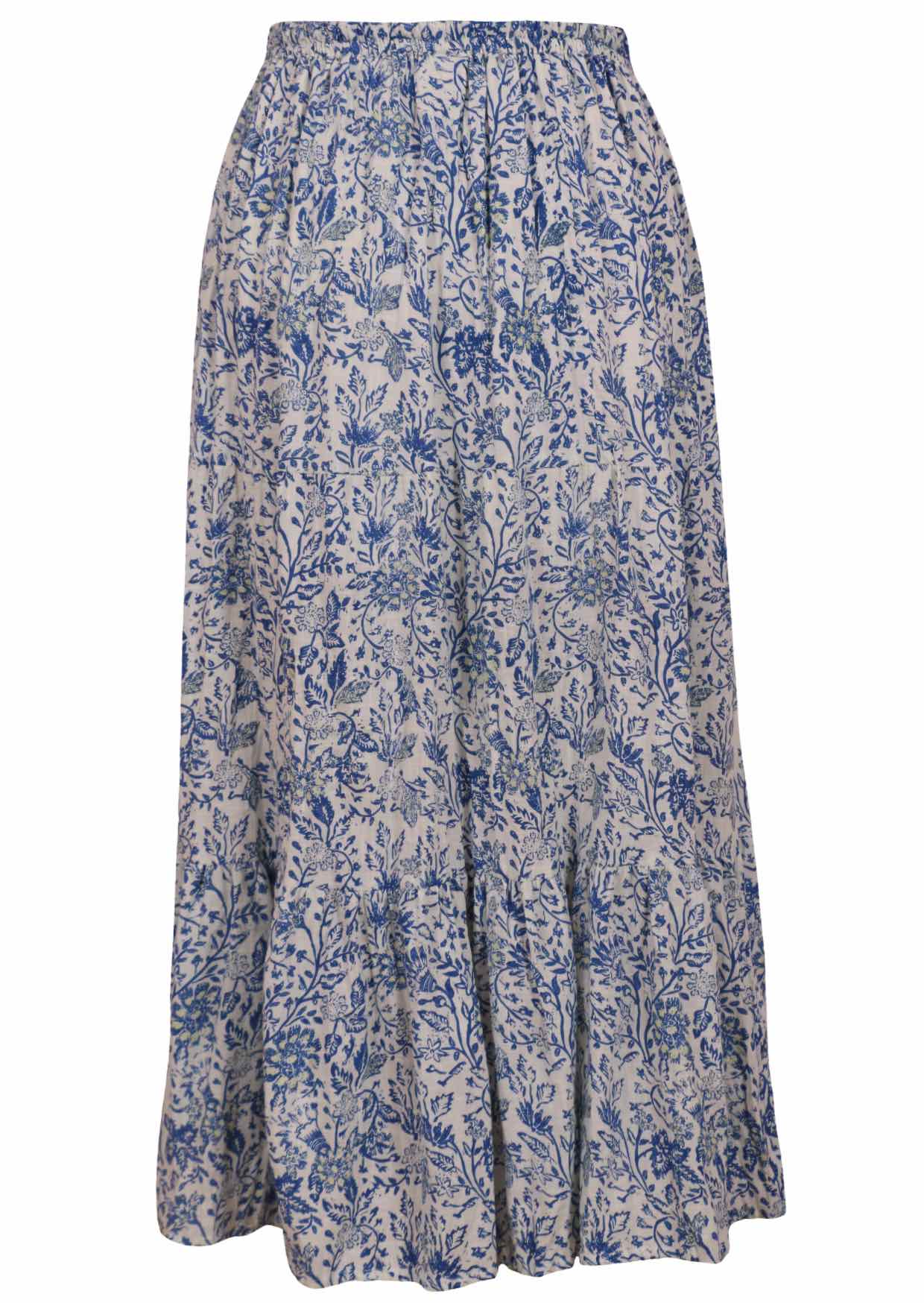 white based blue floral print cotton skirt with elasticised drawstring waistband.