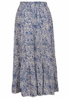 white based blue floral print cotton skirt with elasticised drawstring waistband.
