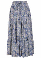 white based blue floral print long cotton skirt on a white background.