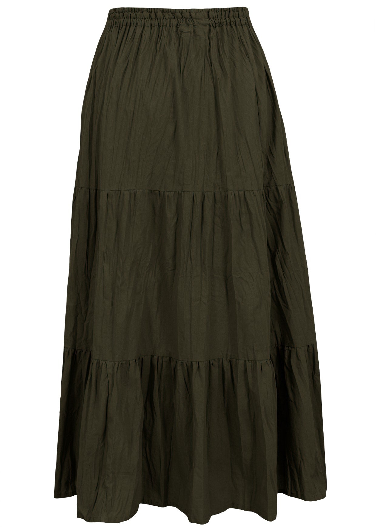 Back view of olive green 100% cotton skirt with elasticated waistband and drawstring