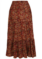 Back image of cotton three tiered maxi skirt in earthy, indian floral print.